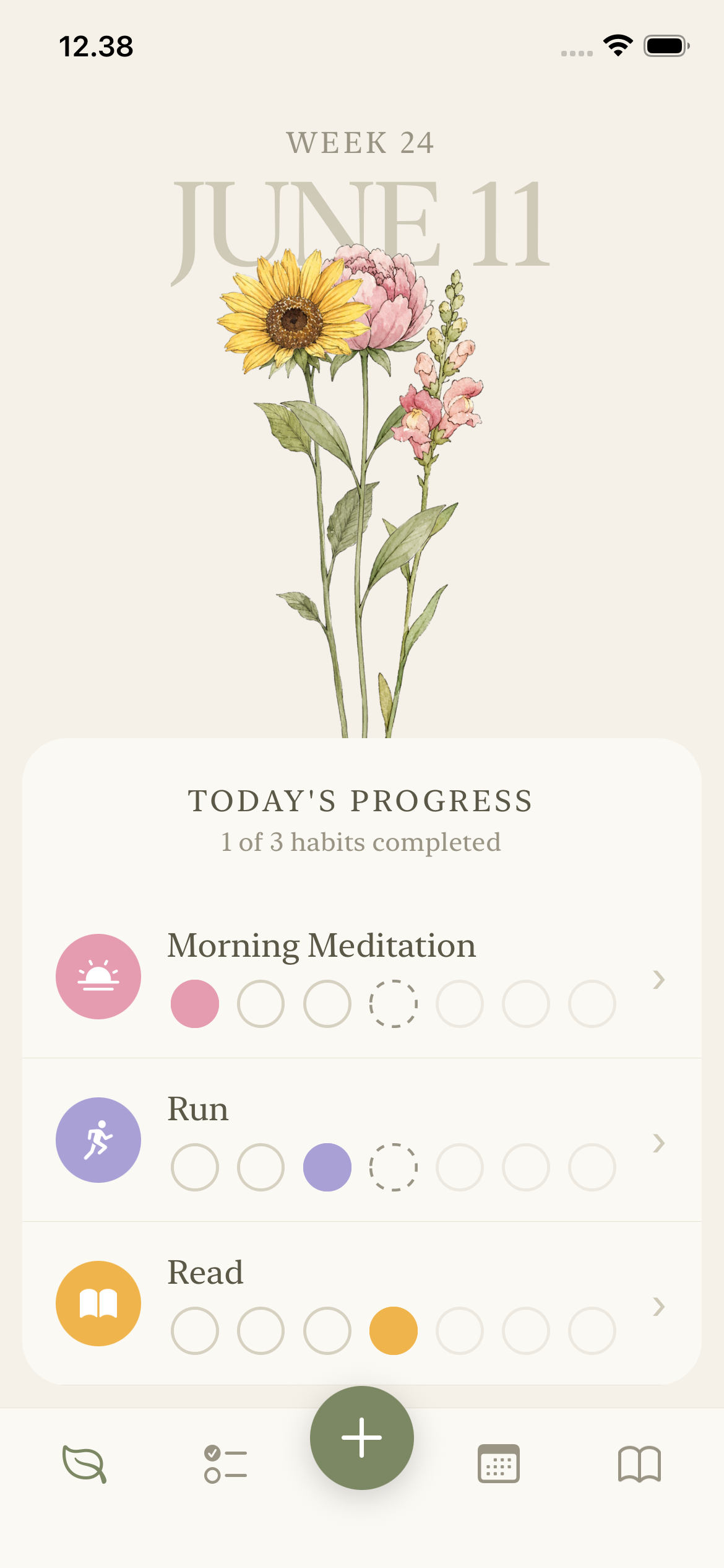 FlowerKeep app showing today's habits and weekly bouquet